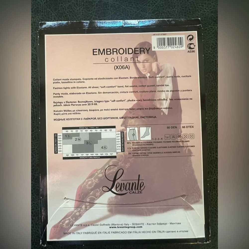 Levante Tights with Floral Rococo Embroidery Collant Pantyhose Black Size S